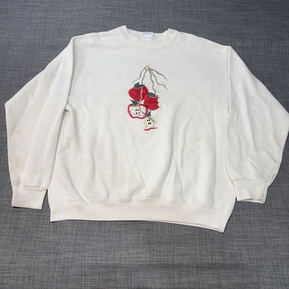 VTG Women’s Grandma Cream/White Sweatshirt Crewneck Embroidered Apple Size Large